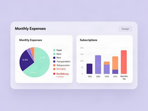 Pie chart and bar graph showing monthly expense breakdown by category including food, rent, transportation and subscriptions