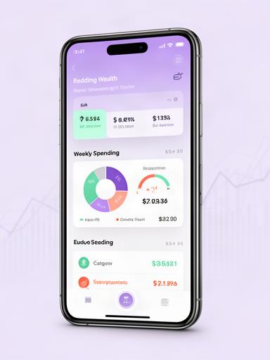 Mobile phone showing personal finance tracker app dashboard with weekly spending summary and category breakdown charts