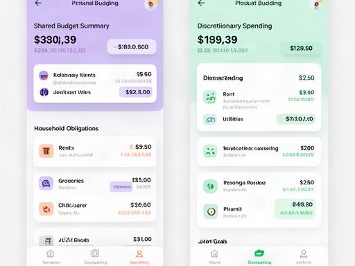 Split-screen view of a couples budgeting dashboard showing shared and personal spending categories side by side